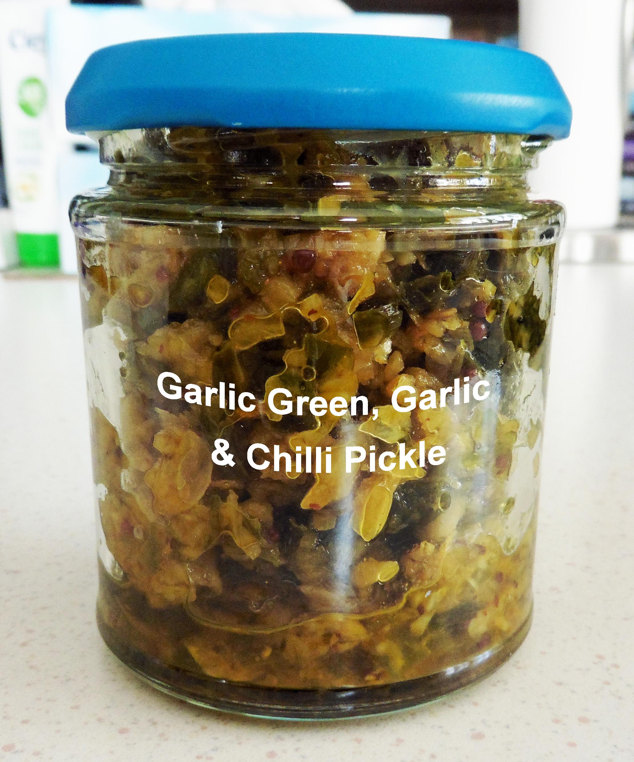 Garlic, Garlic Greens and Green Chilli Pickle